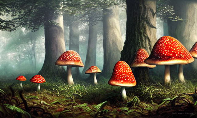 a cluster of amanita mushrooms in a forest ultra realistic but trippy have a lot of detail of text 1