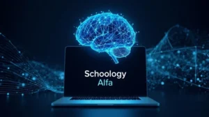 Schoology Alfa AI-powered digital learning concept displayed on a laptop with a virtual brain hologram.