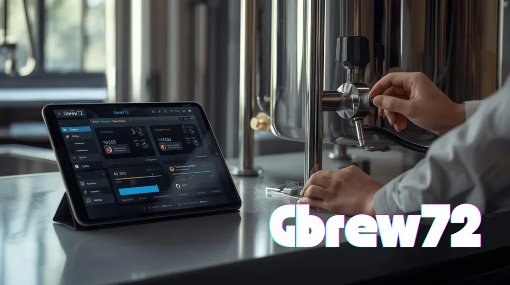 Person operating a brewing system with a tablet displaying gbrew72 dashboard for monitoring and control