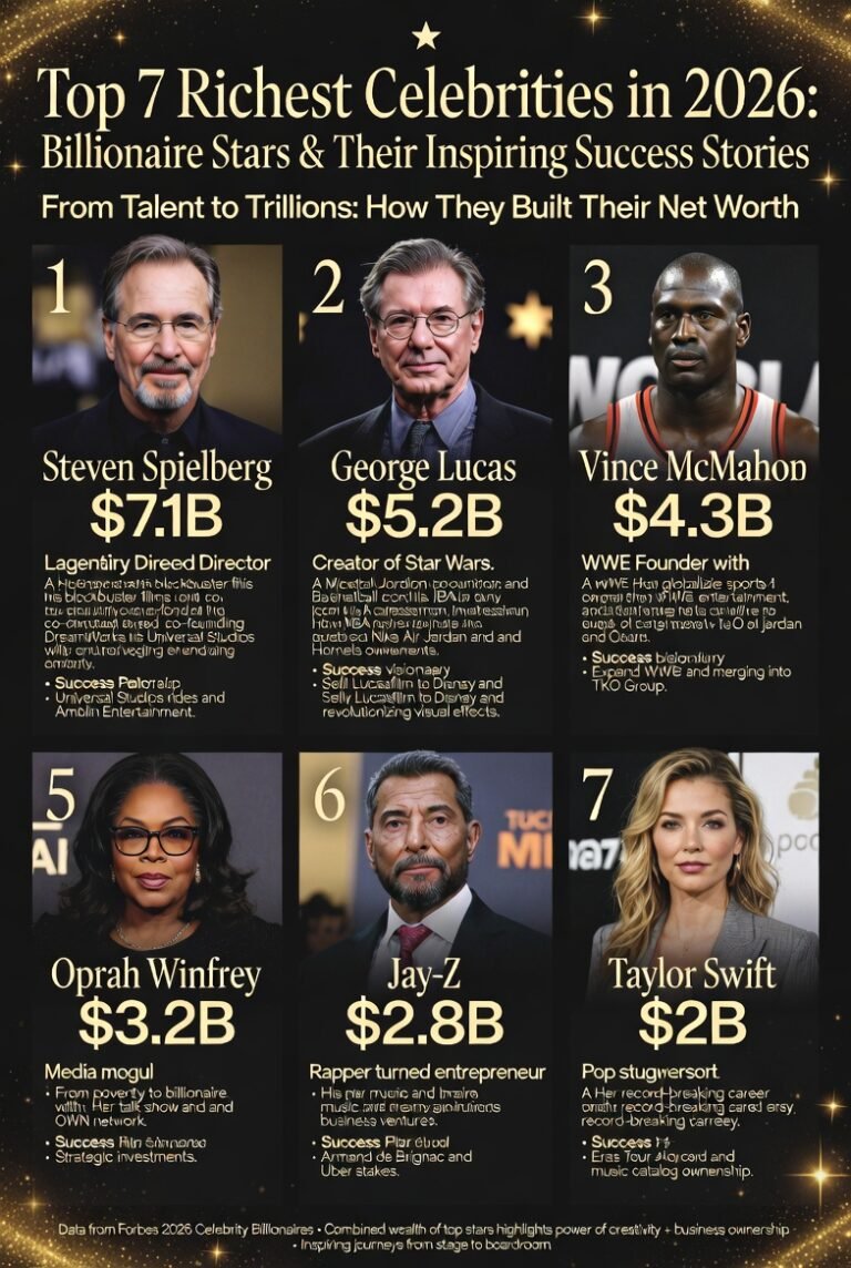who are the top 7 richest celebrities in 2026 with biographies, inspiring success stories of billionaire stars, how richest celebrities achieved their net worth.