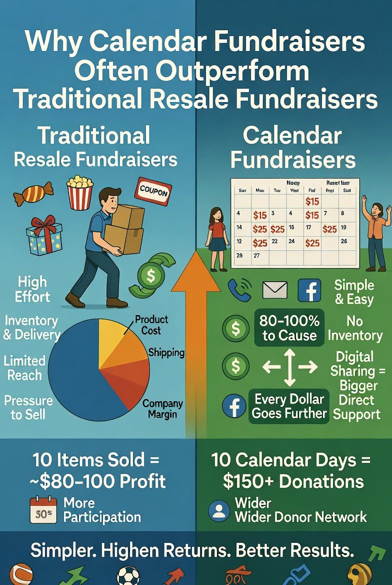Why Calendar Fundraisers Often Outperform Traditional Resale Fundraisers For decades, traditional resale fundraisers have been the default option for schools, sports teams, and community organizations. Selling products like candy bars, popcorn, coupon books, and gift wrap has long been the go-to method for raising money. But in recent years, calendar fundraisers have become one of the most effective alternatives.