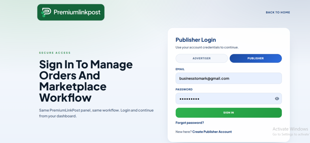 Same PremiumLinkPost panel, same workflow. Login and continue from your dashboard.
