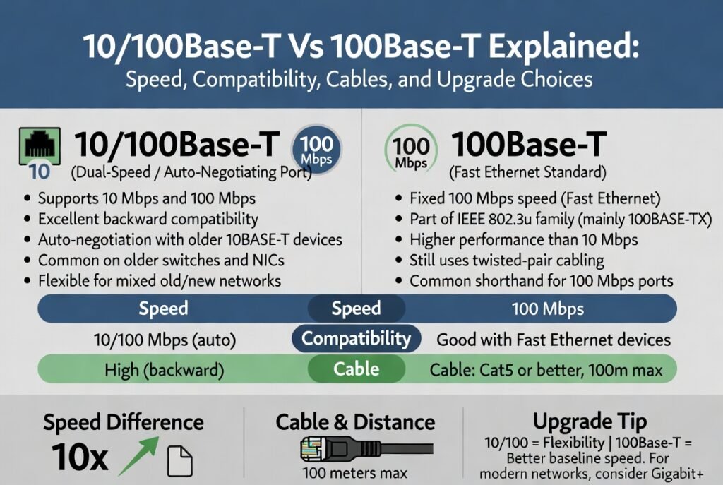 10/100Base T Vs 100Base T Explained: Speed, Compatibility, Cables, and Upgrade Choices