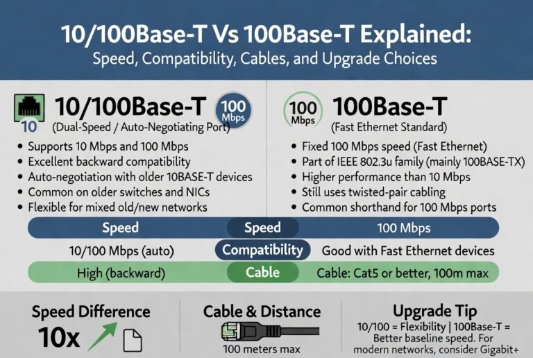 10/100Base T Vs 100Base T Explained: Speed, Compatibility, Cables, and Upgrade Choices