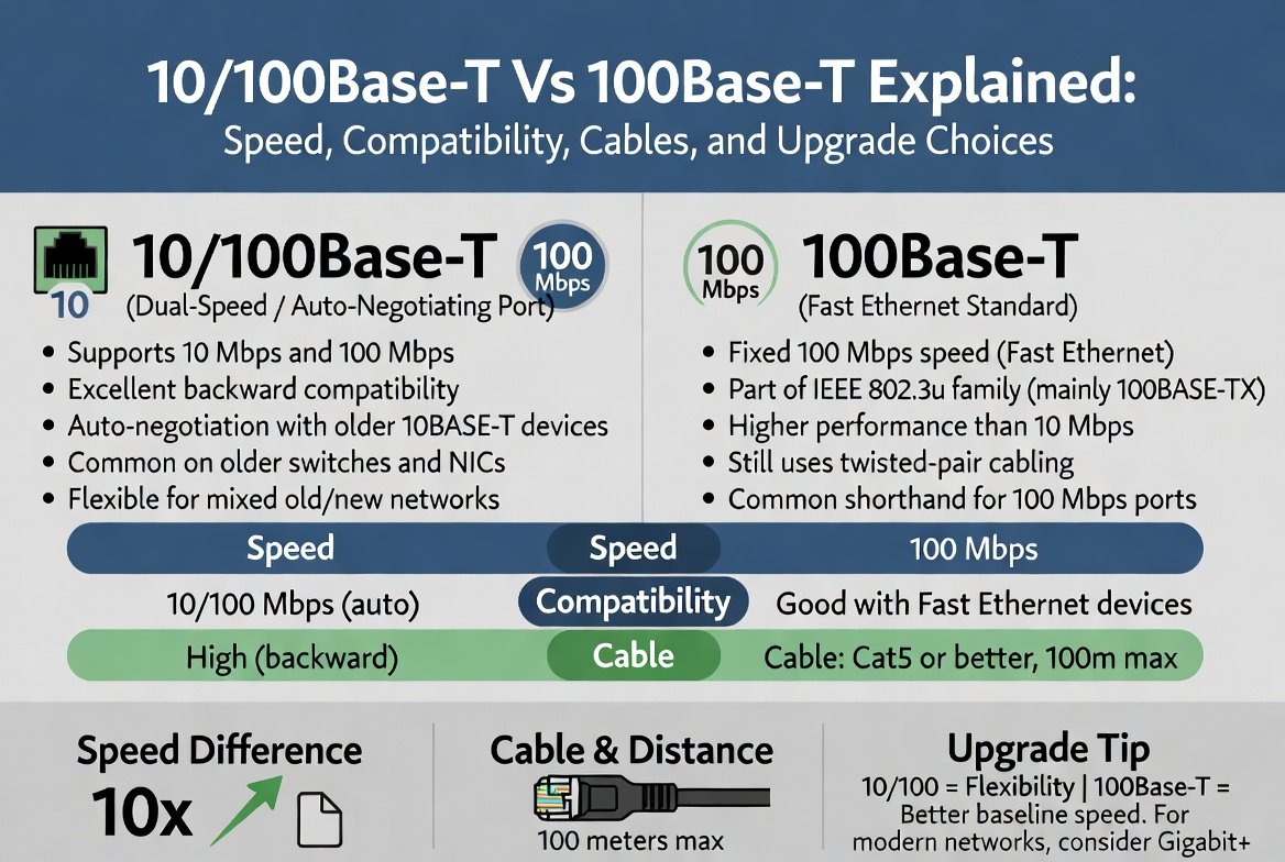 10/100Base T Vs 100Base T Explained: Speed, Compatibility, Cables, and Upgrade Choices