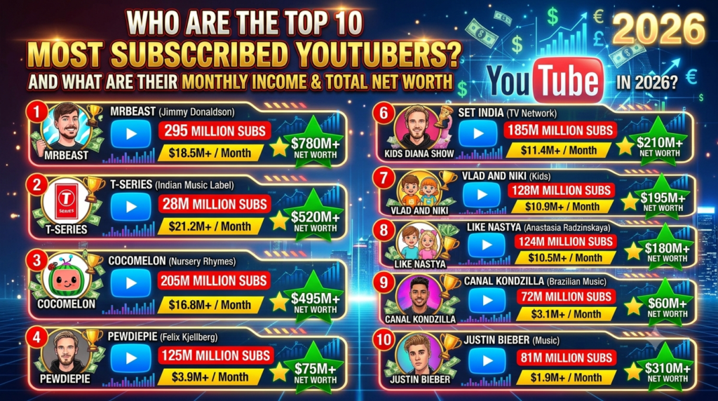 Who Are the Top 10 Most Subscribed YouTubers and What Are Their Monthly Income and Total Net Worth in 2026?